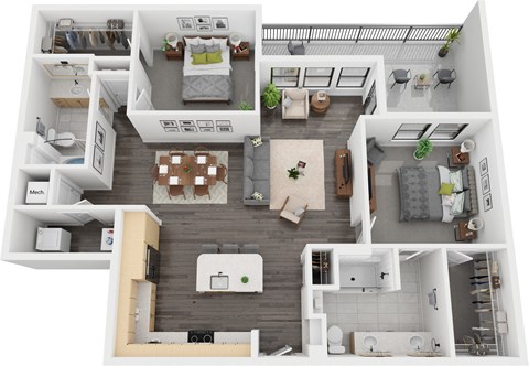 Floor plan for 2 beds, 2 baths, 1316 sqft